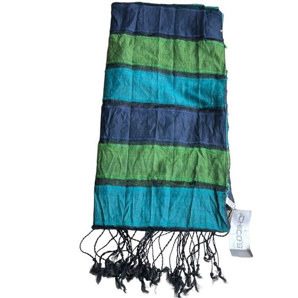 😊 3/$30 Chico’s silk blend scarf blues & greens NWT - Picture 2 of 11
